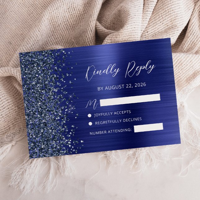 Navy Blue Brushed Metal Glitter Script Wedding OSA Kort (Skapare uppladdad)
