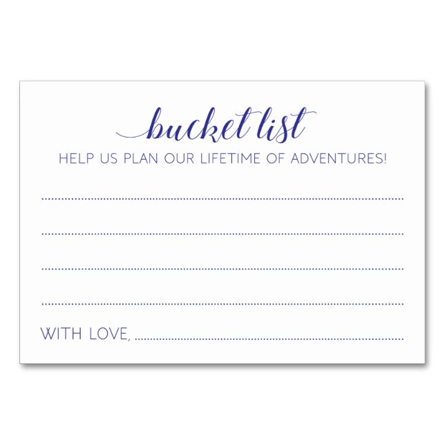 Navy Blue Bucket List Ideas Bröllop Advice Card Bordsnummer (Framsidan)