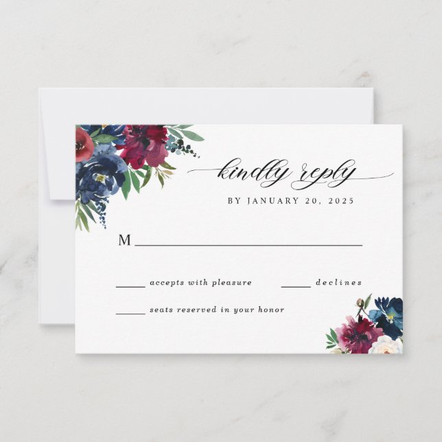 Navy Blue Burgunderröd Blommig Blomning Akvarell B OSA Kort (Framsida)