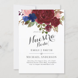 Navy Blue Burgundy Blommigt Nuestra Boda spanska Inbjudningar
