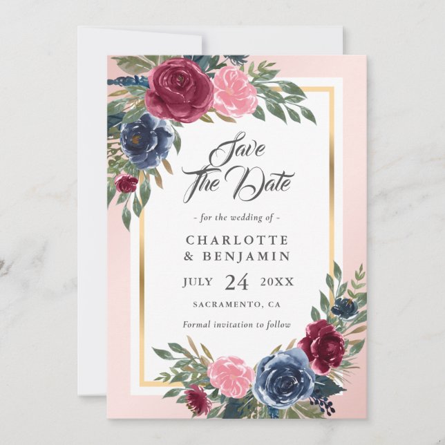 Navy Blue Burgundy Blush Pink Floral Wedding Spara Datumet (Framsida)
