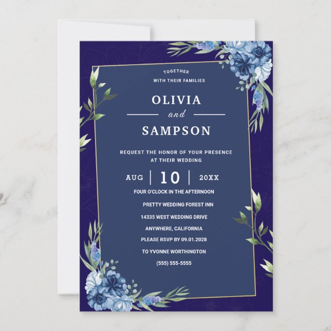 Navy Blue Burgundy Gold Pink Wedding Inbjudningar (Framsida)