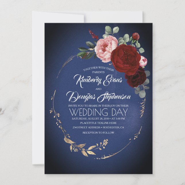 Navy Blue Burgundy och Guld Blommigt Boho Bröllop Inbjudningar (Framsida)