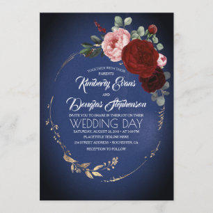Navy Blue Burgundy och Guld Blommigt Boho Bröllop Inbjudningar