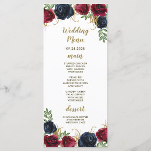 Navy Blue Burgundy Rustic Boho Bröllop Menu-kort Meny