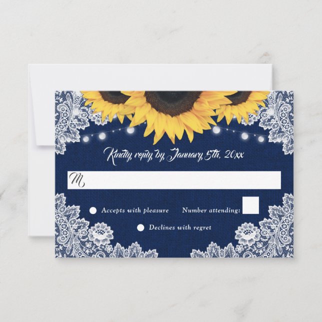 Navy Blue Burlap Floral Lace Sunflower Wedding OSA Kort (Framsida)