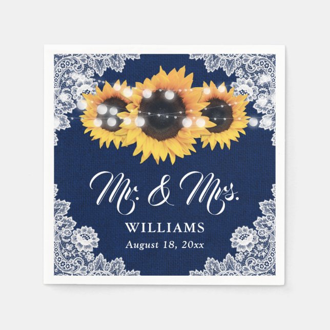 Navy Blue Burlap Floral Lace Sunflower Wedding Pappersservett (Framsidan)