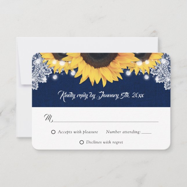 Navy Blue Burlap String Lights Sunflower Wedding OSA Kort (Framsida)