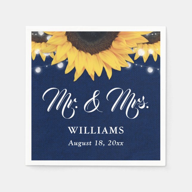 Navy Blue Burlap String Lights Sunflower Wedding Pappersservett (Framsidan)