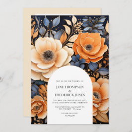 Navy Blue, Burnt Orange & Champagne Floral Wedding Inbjudningar