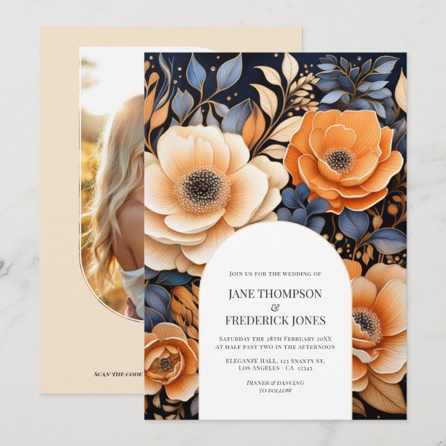 Navy Blue, Burnt Orange & Champagne Floral Wedding Inbjudningar (Fram/baksida)
