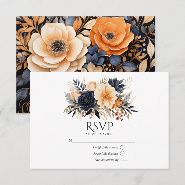 Navy Blue, Burnt Orange & Champagne Floral Wedding OSA Kort (Fram/baksida)
