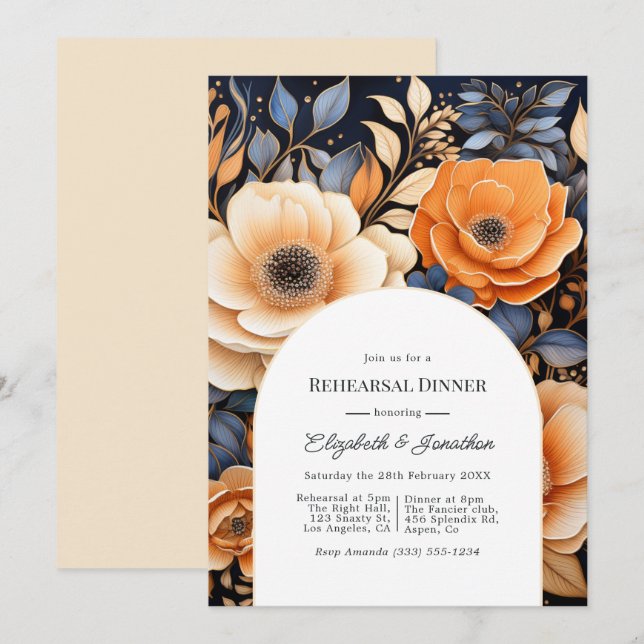 Navy Blue Burnt Orange Champagne Rehearsal Dinner Inbjudningar (Fram/baksida)