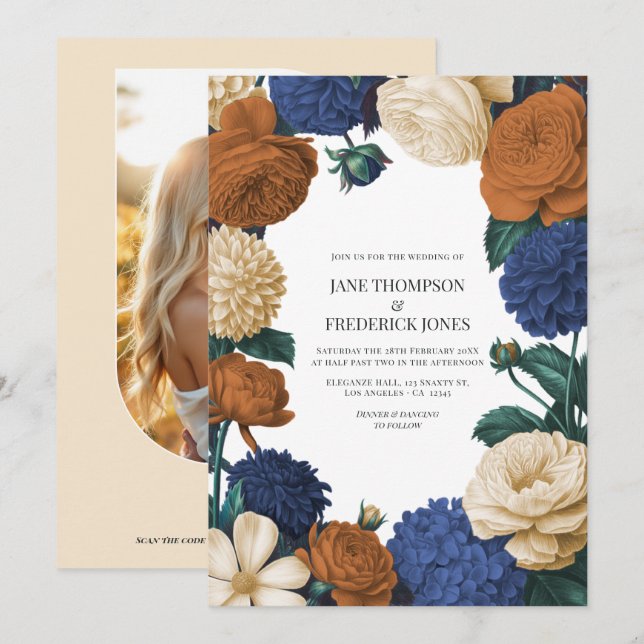 Navy Blue, Burnt Orange & Champagne Wedding Inbjudningar (Fram/baksida)