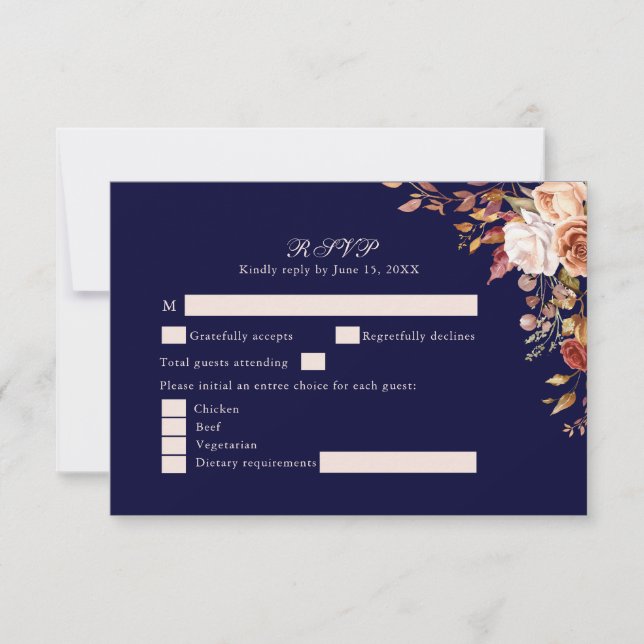 Navy Blue Burnt Orange Floral Wedding RSVP Card OSA Kort (Framsida)