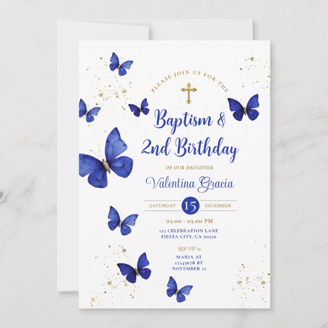 Navy Blue Butterfly Boy Girl 3th Birthday Baptism Inbjudningar (Framsida)