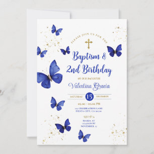 Navy Blue Butterfly Boy Girl 3th Birthday Baptism Inbjudningar