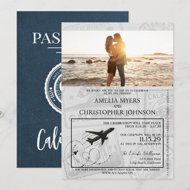 Navy Blue California Passport Bröllop Inbjudningar (Fram/baksida)