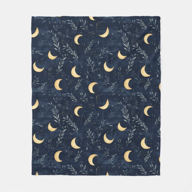 Navy Blue Celestial Måne och Foliage Blanket Fleecefilt (Framsidan)
