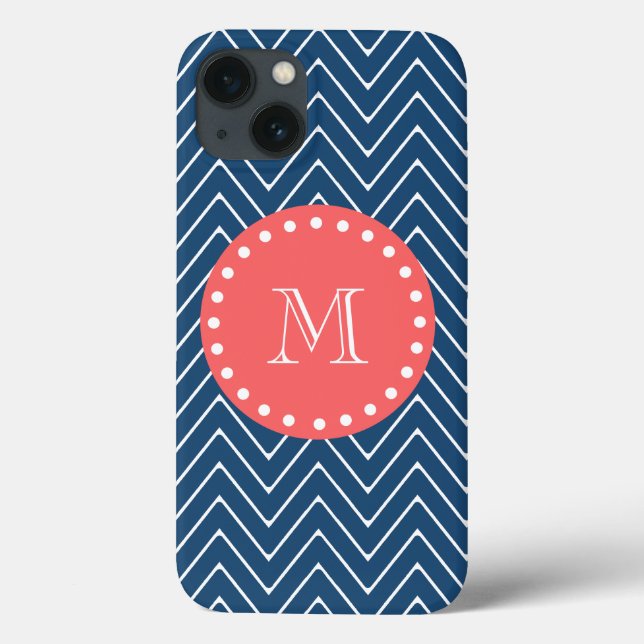 Navy Blue Chevron Mönster | Coral Monogram (Baksida)