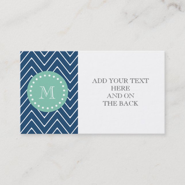 Navy Blue Chevron Mönster | Mint Grönt Monogram Visitkort (Framsida)