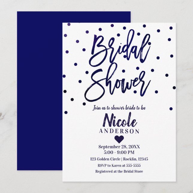 Navy Blue Chic Modern Bröllopsdusch Script Inbjudningar (Fram/baksida)