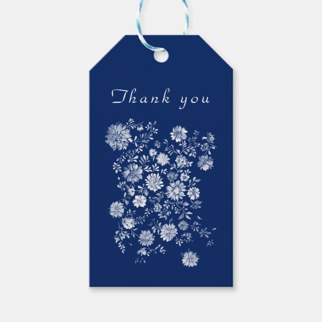 Navy Blue Chinoiserie Floral Wedding Thank You Presentetikett (Framsidan)