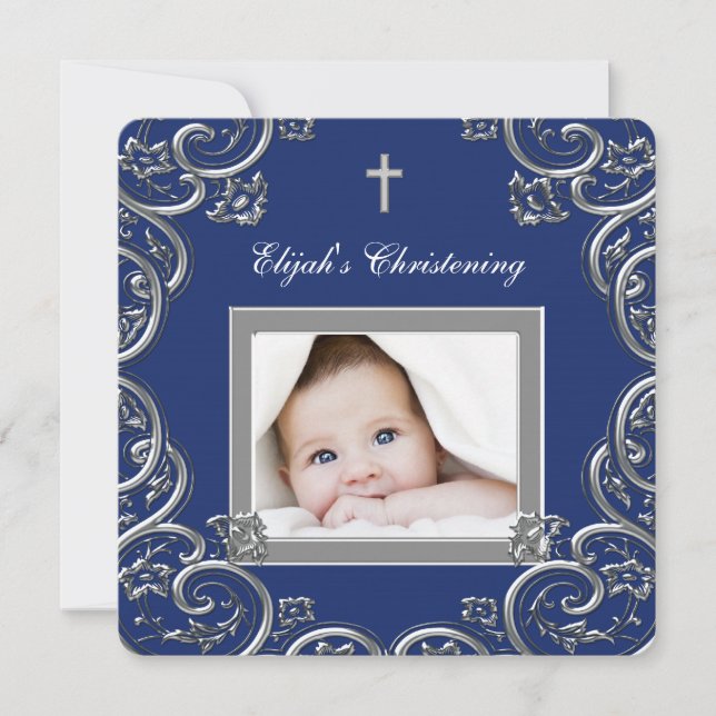 Navy Blue Christening Inbjudningar (Framsida)