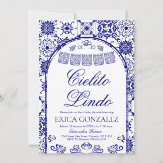Navy Blue Cielito Lindo Papel Picado Babyfirande Inbjudningar
