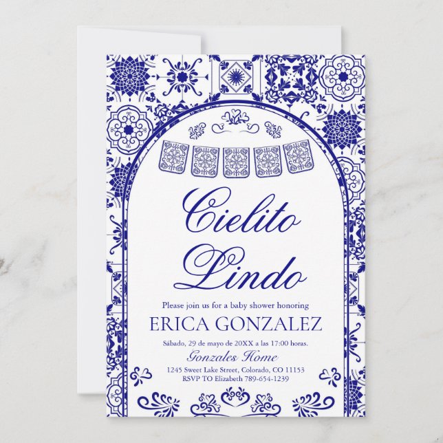 Navy Blue Cielito Lindo Papel Picado Babyfirande Inbjudningar (Framsida)