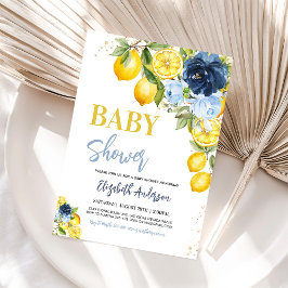 Navy Blue Citron Citrus Blommig Baby Shower Inbjud Inbjudningar
