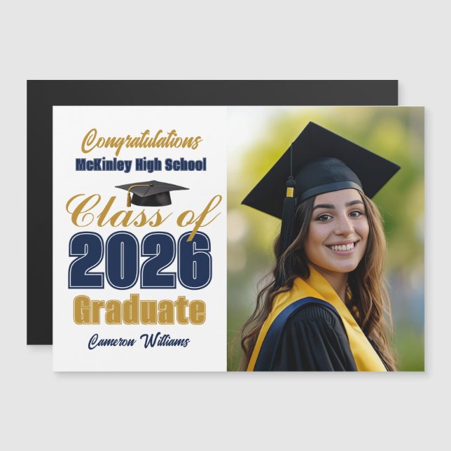 Navy Blue Class of 2026 Graduation Photo Magnet (Fram/baksida)