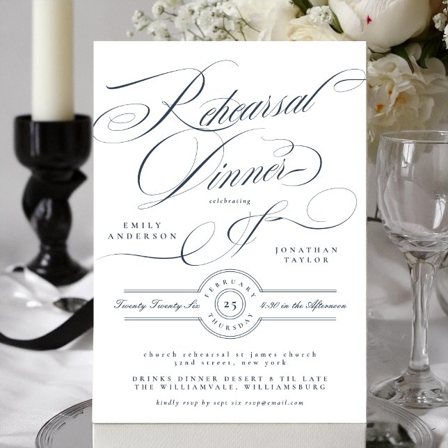 Navy Blue Classy Elegant Wedding Rehearsal Dinner Inbjudningar (Skapare uppladdad)