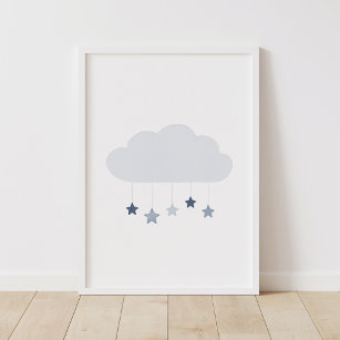Navy Blue Cloud and Stars Boy Nursery Poster