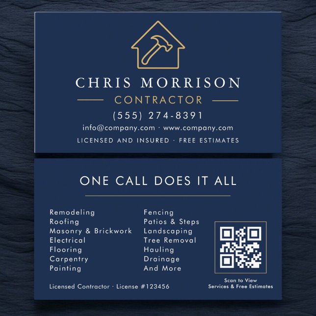 Navy Blue Construction Company QR Code Visitkort (Skapare uppladdad)