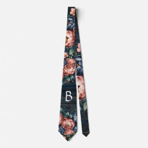 Navy Blue & Copper Peony Wood Groom Neck Tie Slips