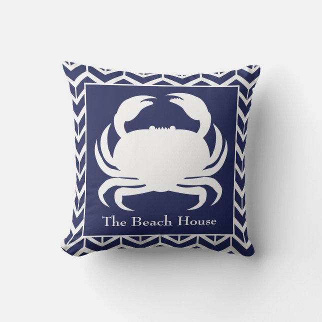 Navy Blue Crab Herringbone Personalize Nautical Kudde (Framsida)