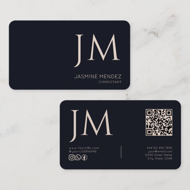 Navy Blue Cream Monogram QR-kod Modern  Visitkort (Fram/baksida)