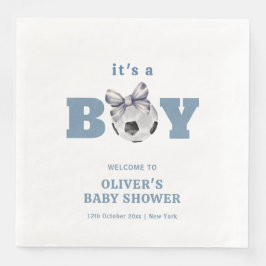 Navy Blue Cute Bow Soccer Boy Baby Shower Welcome Pappersservett
