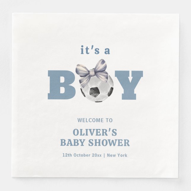 Navy Blue Cute Bow Soccer Boy Baby Shower Welcome Pappersservett (Framsida)