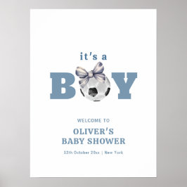 Navy Blue Cute Bow Soccer Boy Baby Shower Welcome Poster