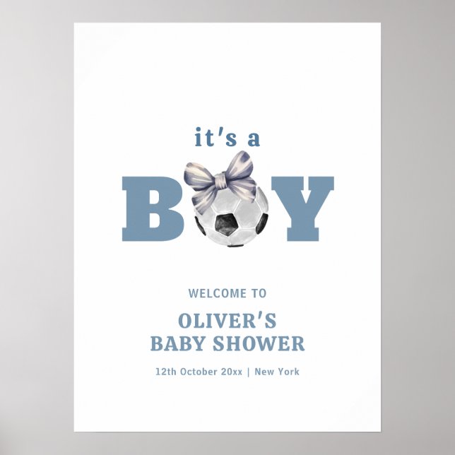 Navy Blue Cute Bow Soccer Boy Baby Shower Welcome Poster (Framsidan)