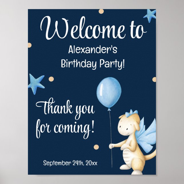Navy Blue Cute Dragon och Balloon Birthday Välkomm Poster (Framsidan)