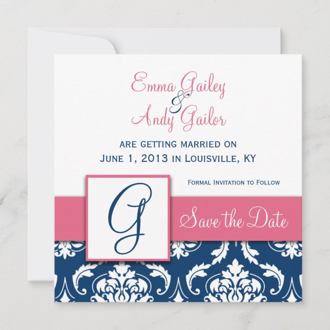 Navy Blue Damask Monogram G Save the Date Rosa Spara Datumet (Framsida)