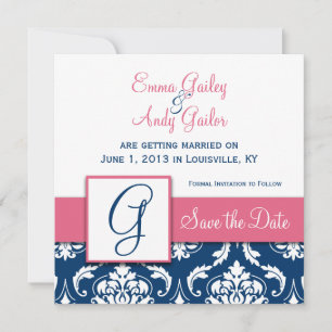 Navy Blue Damask Monogram G Save the Date Rosa Spara Datumet