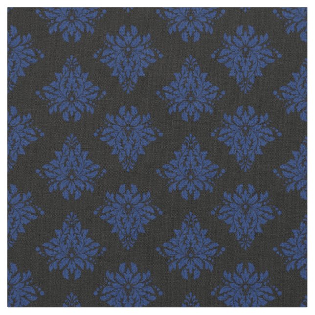 Navy Blue Damask på Svart Tyg (Närbild)