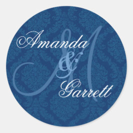 NAVY BLUE Damask Wedding Anpassningsbar Monogram V Runt Klistermärke