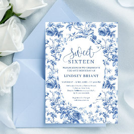 Navy Blue Digital Floral Invitation 16th Birthday Inbjudningar