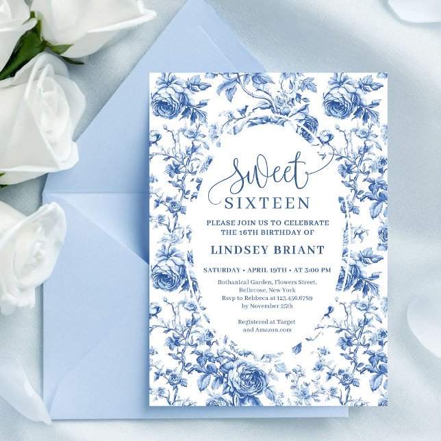 Navy Blue Digital Floral Invitation 16th Birthday Inbjudningar (Navy Blue Digital Floral Invitation 16th Birthday)