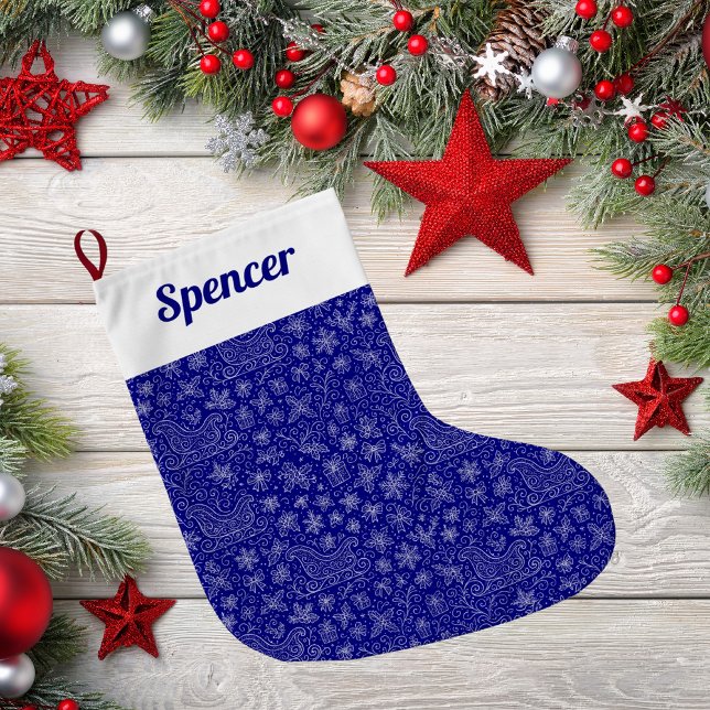 Navy Blue Doodle jul Sleigh Mönster Stor Julstrumpa (Skapare uppladdad)